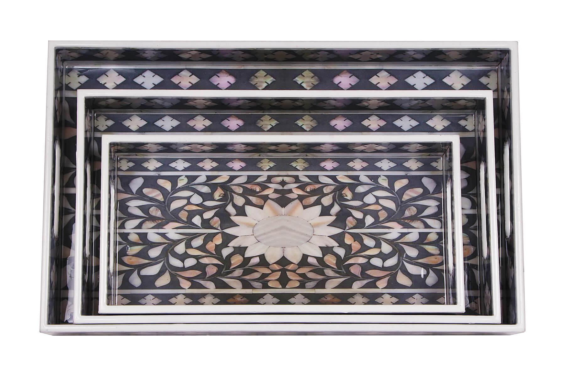 GREY MUGHAL PRINT SERVING TRAYS SET OF 3