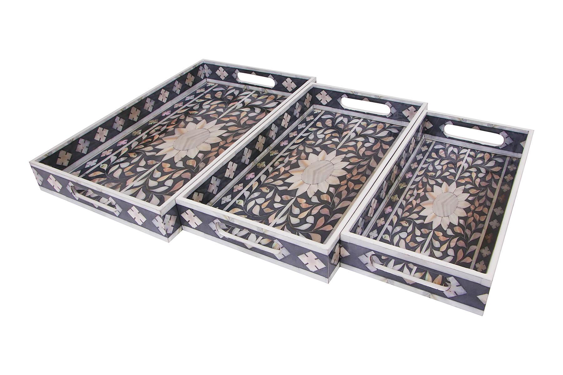 GREY MUGHAL PRINT SERVING TRAYS SET OF 3