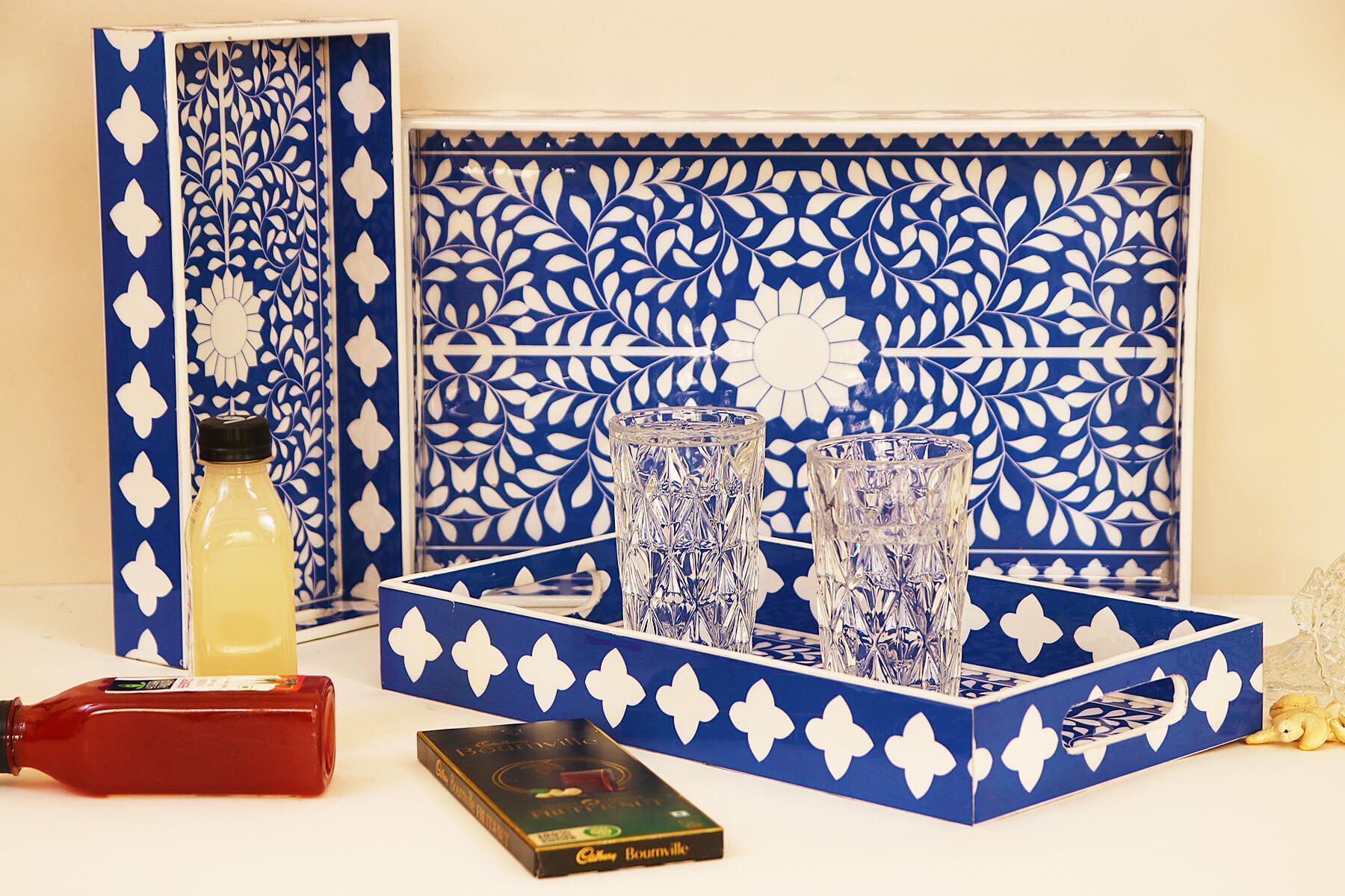 BLUE MUGHAL PRINT SERVING TRAYS SET OF 3
