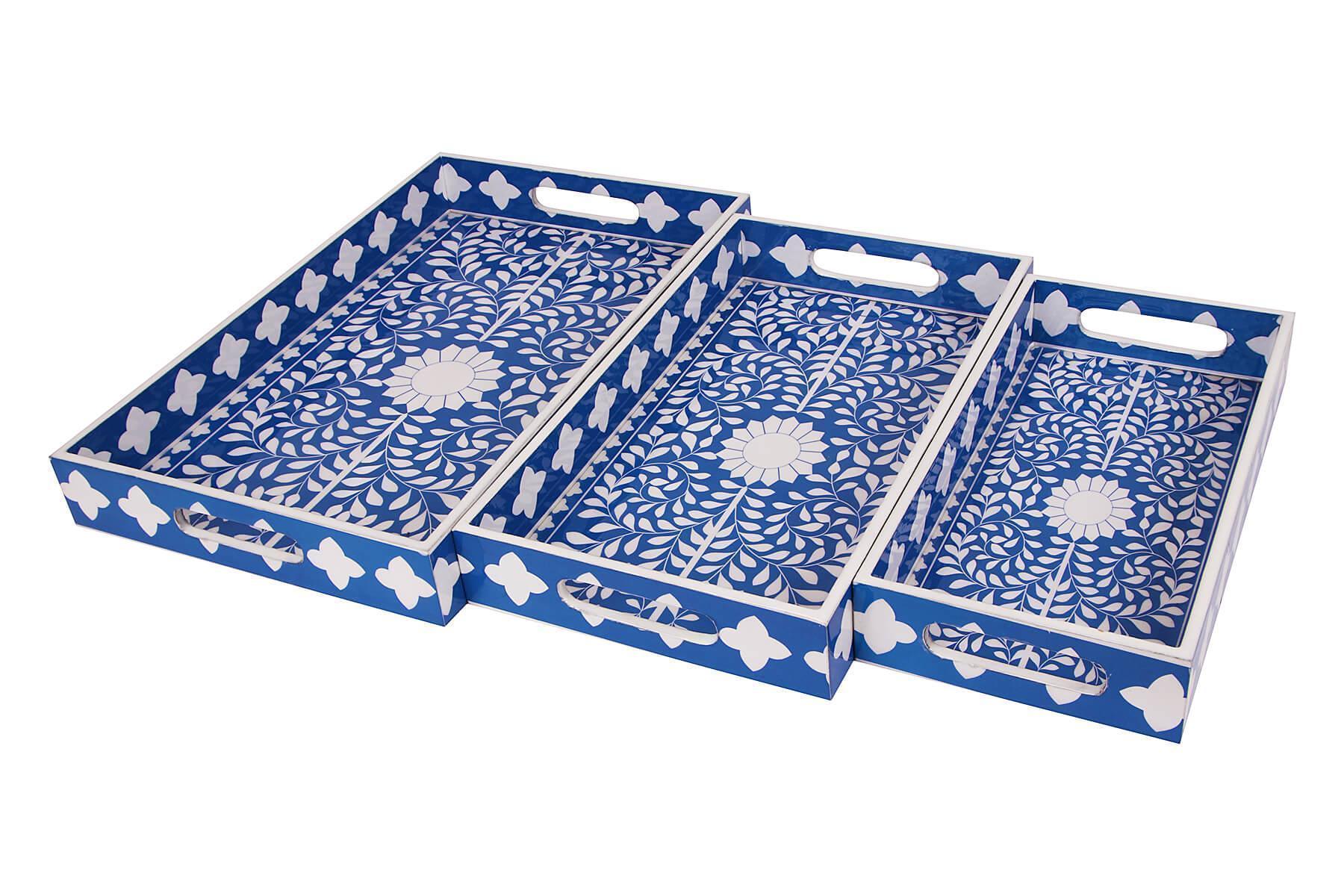 BLUE MUGHAL PRINT SERVING TRAYS SET OF 3