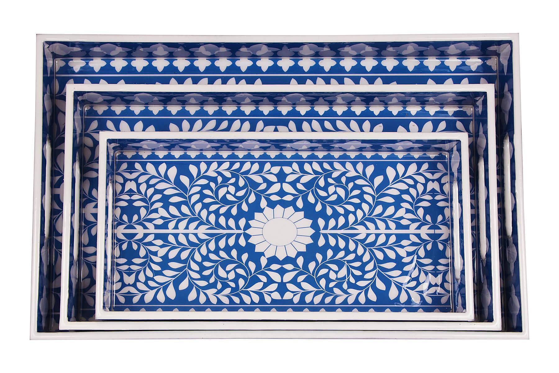 BLUE MUGHAL PRINT SERVING TRAYS SET OF 3