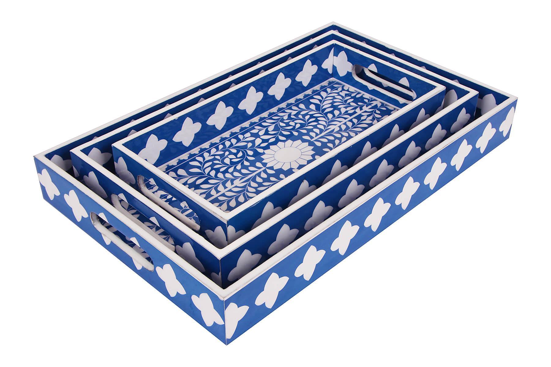 BLUE MUGHAL PRINT SERVING TRAYS SET OF 3