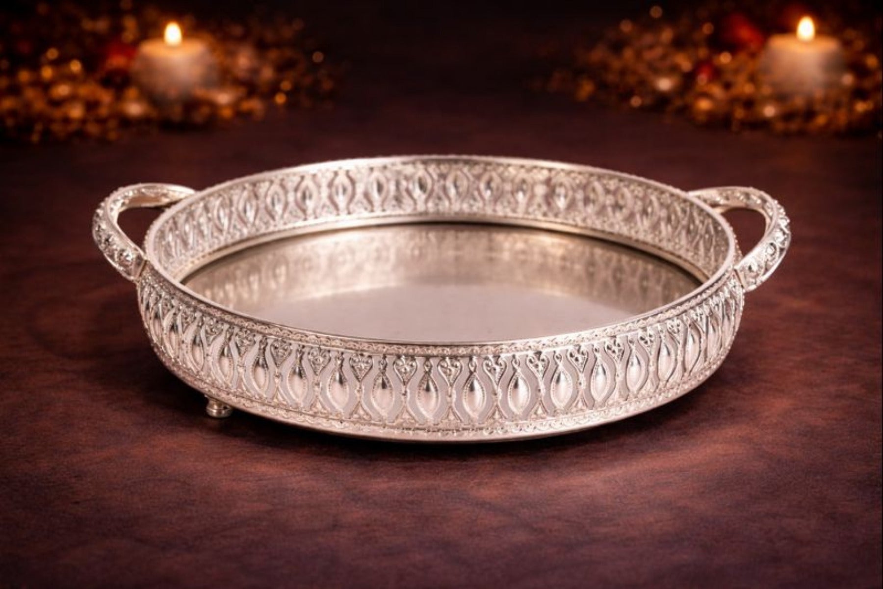 DECORATIVE GERMAN SILVER HAMPER TRAY WITH HANDLE FOR TROUSSEAU & GIFTING (26cm Diameter) 
