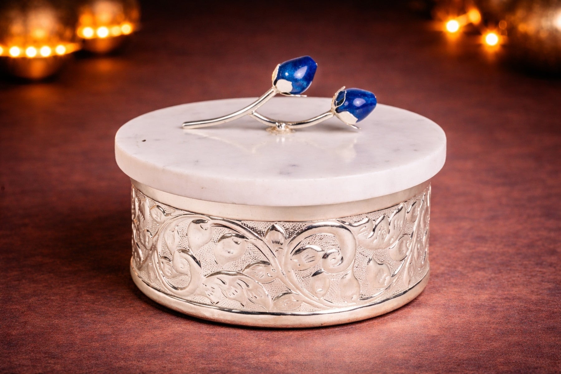 EMBOSSED SILVER JARS WITH MARBLE LID FOR DRY FRUITS/GIFTING (LARGE)