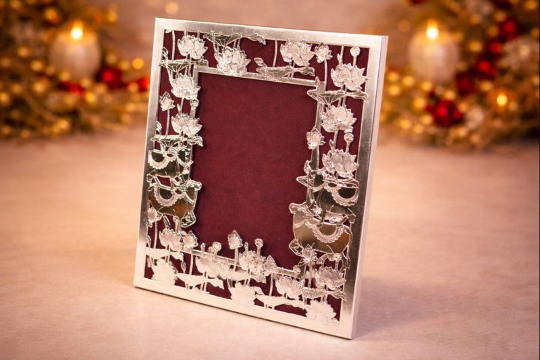 LOTUS & COW DESIGN SILVER PHOTO FRAME FOR GIFTING AND HOME DÉCOR (LARGE)
