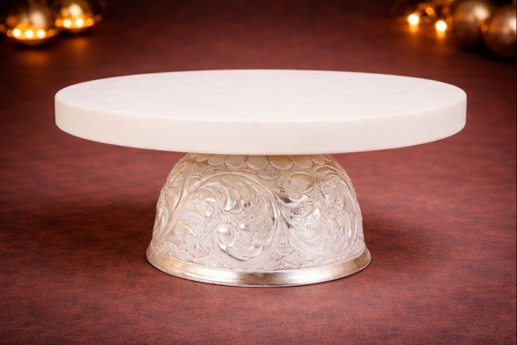 MARBLE CAKE STAND WITH SILVER CARVED BASE/ CAKE PLATTER/ SERVING PLATTER