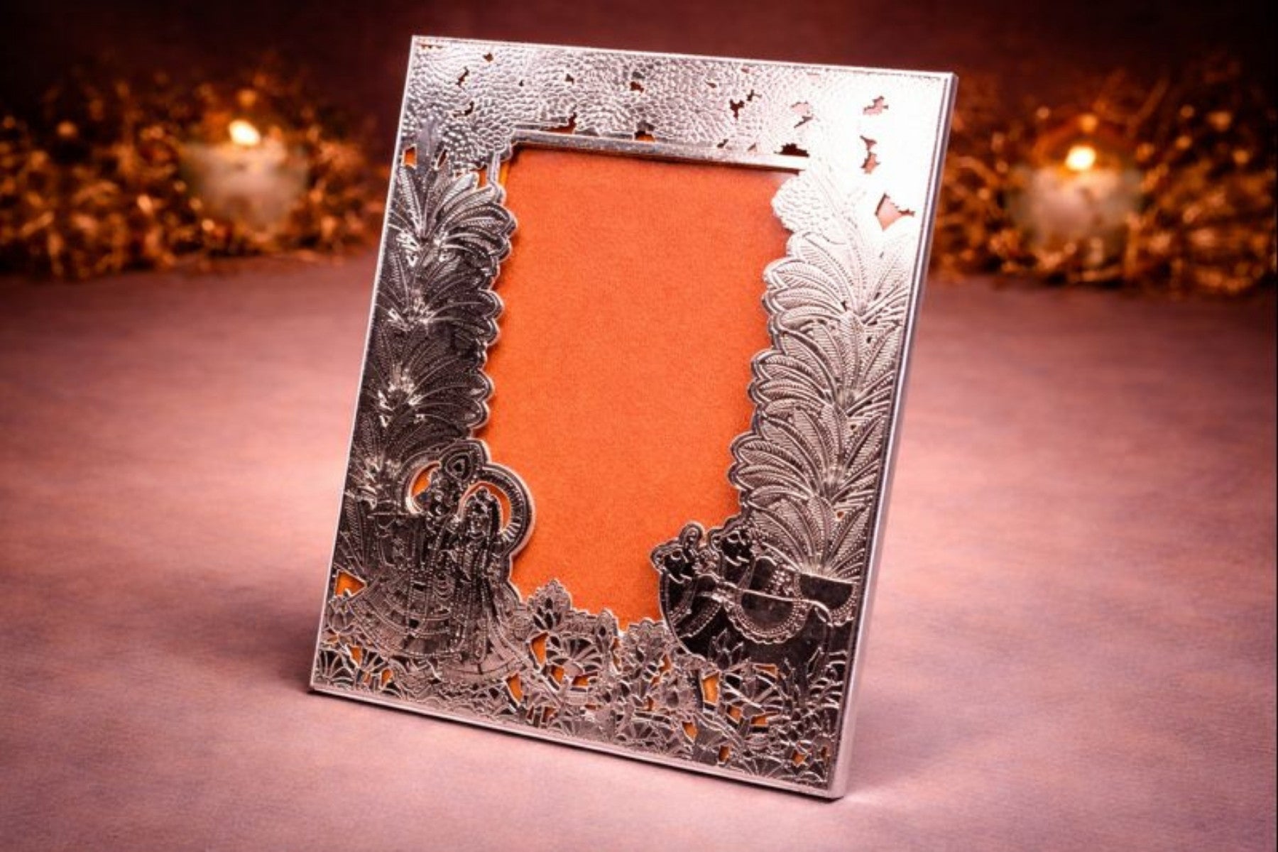 SILVER PHOTO FRAME (RADHA KRISHNA & COW DESIGN) FOR GIFTING AND HOME DÉCOR (LARGE)