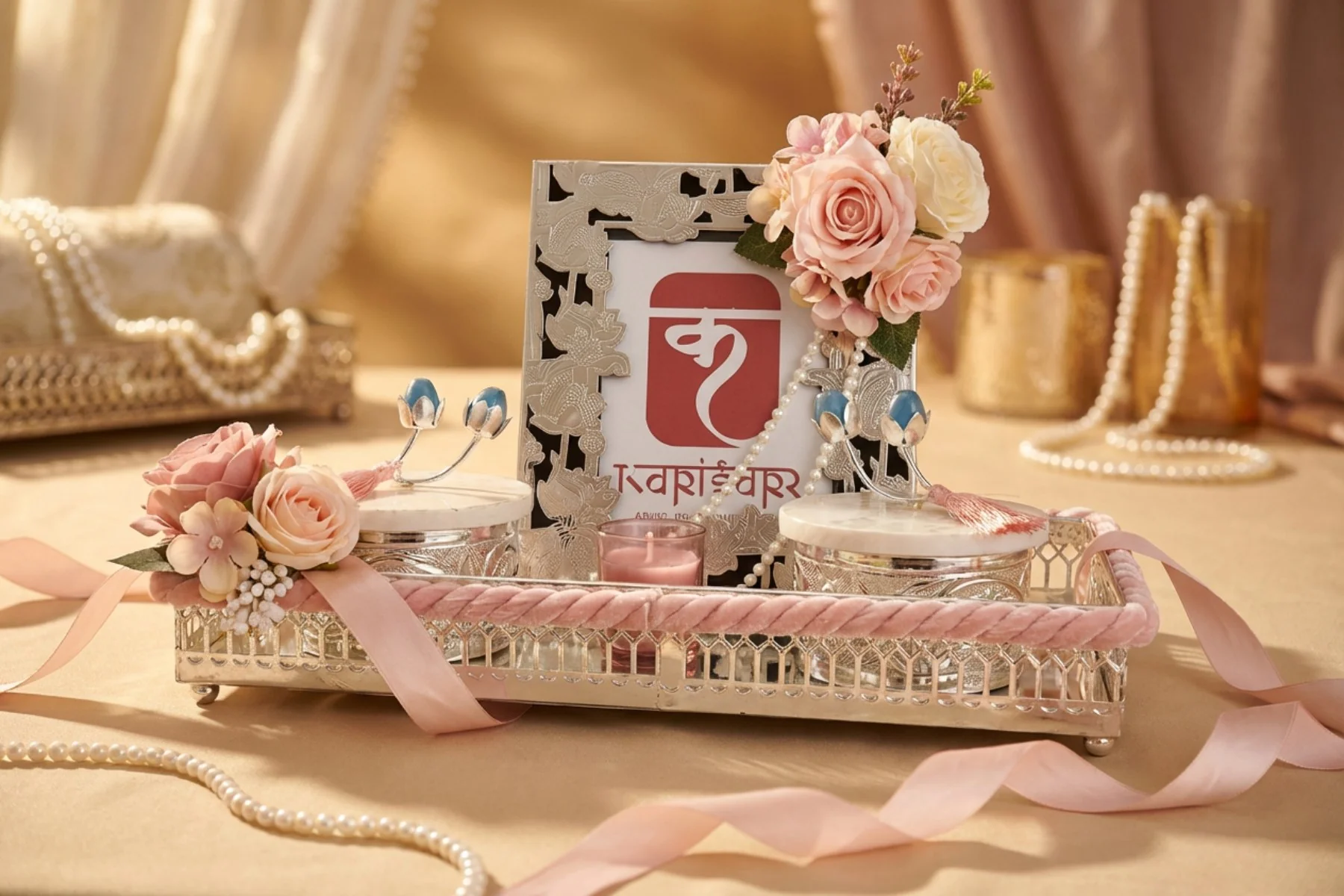 Elegant silver tray with pink roses, pearl strands, and a decorative frame holding a card with stylized lettering; wedding-themed centerpiece with ribbons and blue accents.