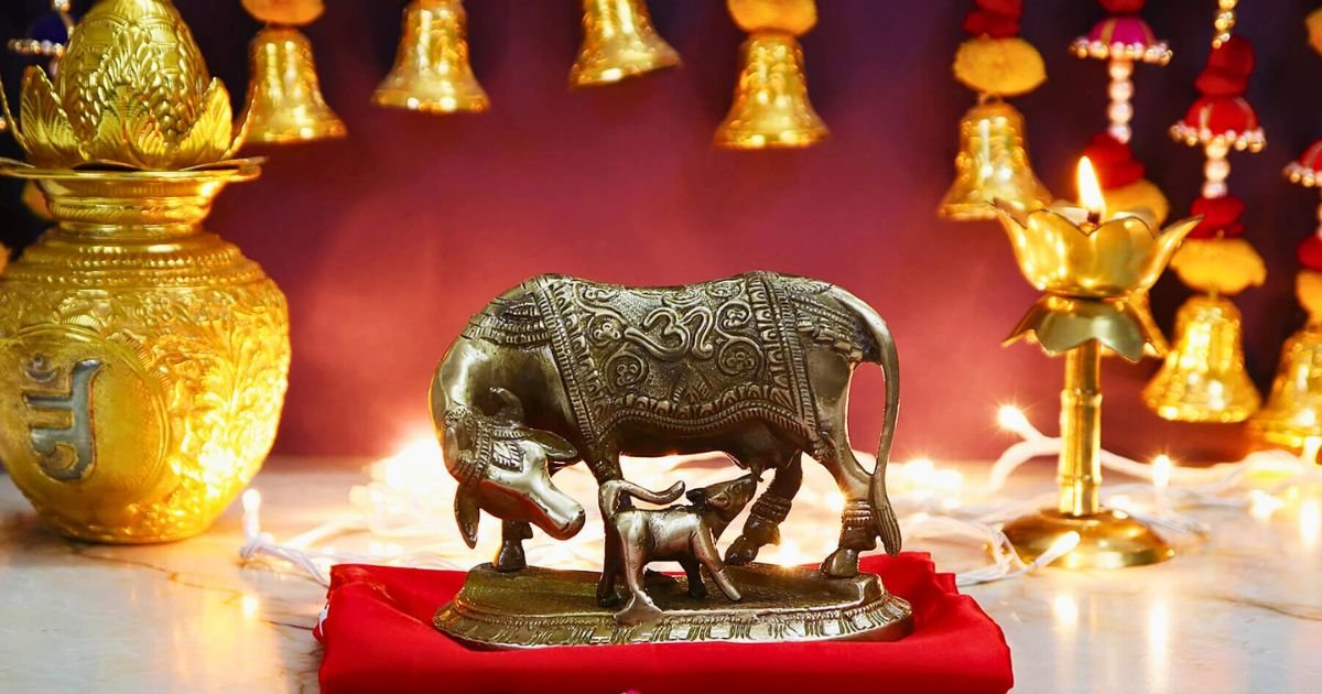Bronze-toned statue of a cow and calf on a red cloth, displayed on a Hindu altar with lit lamps and gold ornaments in the background.