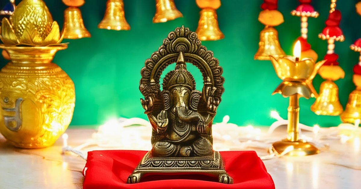 Statue of Hindu deity Ganesha on a red cloth with ornate arch behind, surrounded by golden lamps in a festive setup, green backdrop.