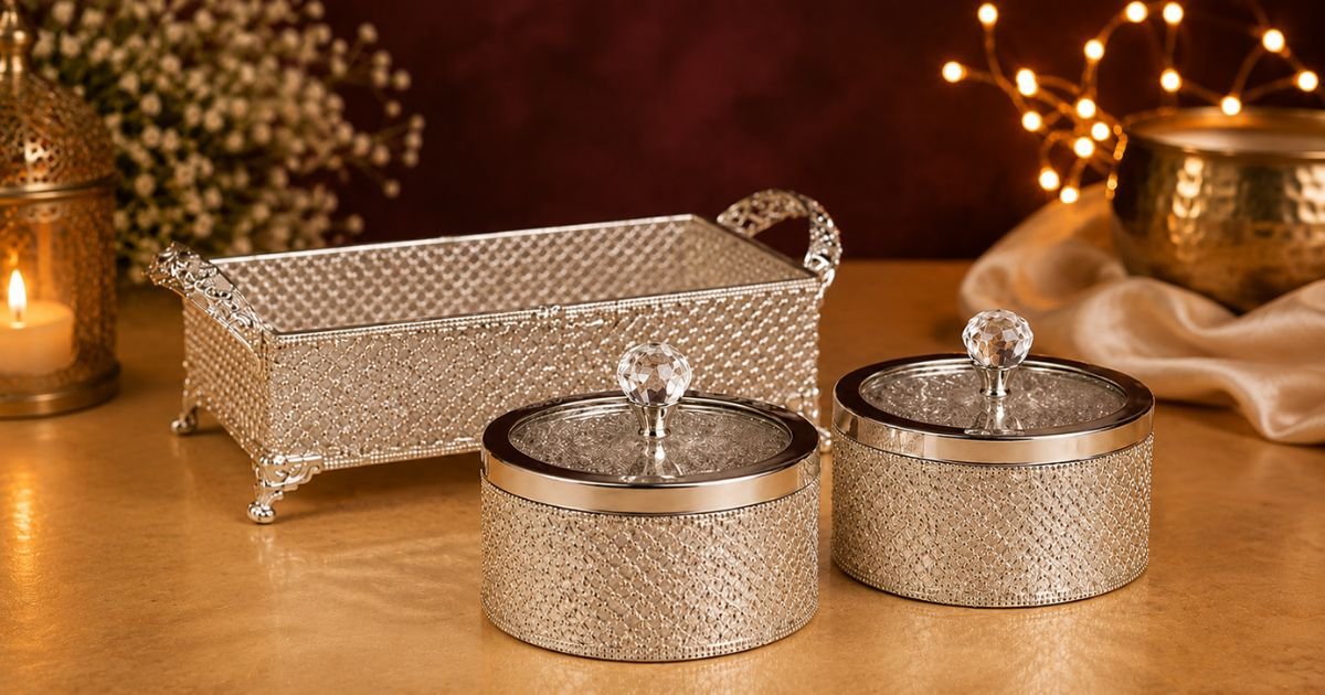 Decorative silver mesh vanity set with a rectangular tray and two round jars with crystal lids on a gold tabletop.