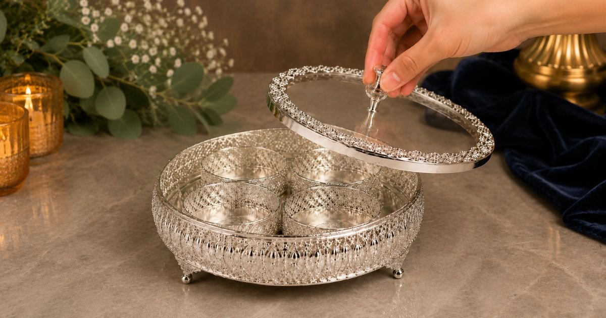 Hand lifting the lid of an ornate silver serving stand that holds four small cups inside.