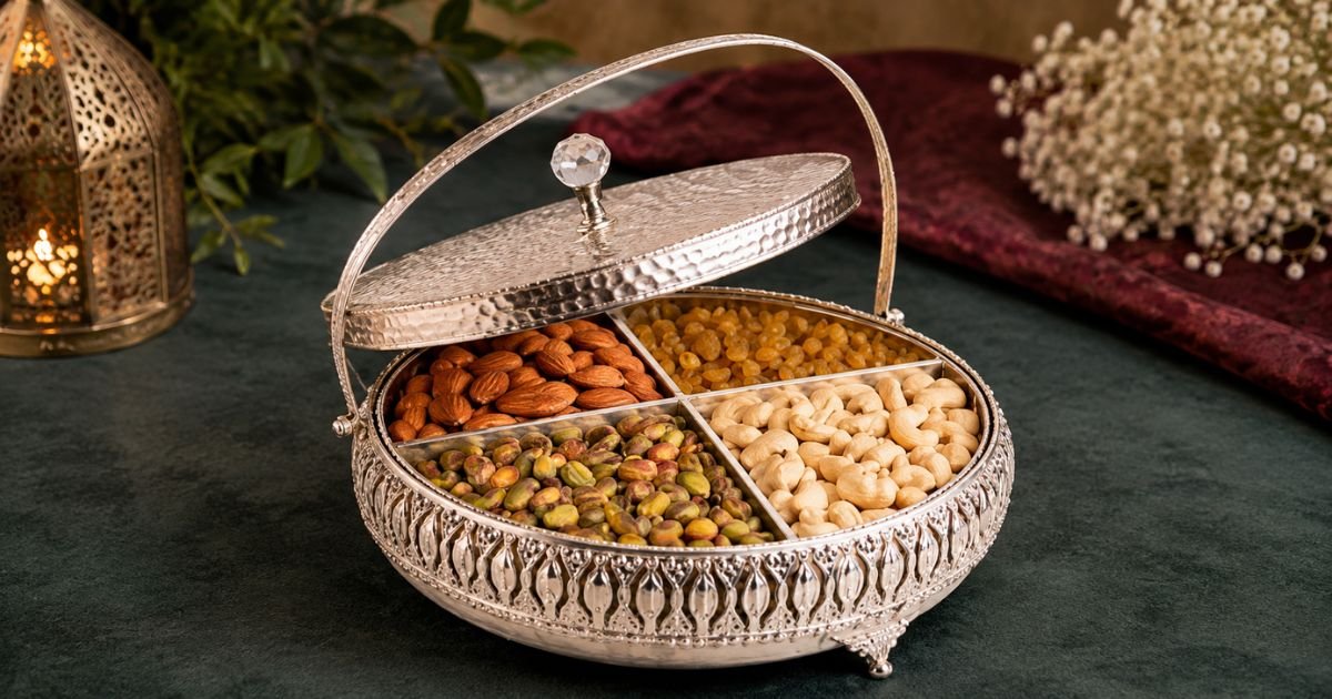 Ornate silver serving box with four compartments filled with almonds, pistachios, cashews, and raisins on a dark table surface.
