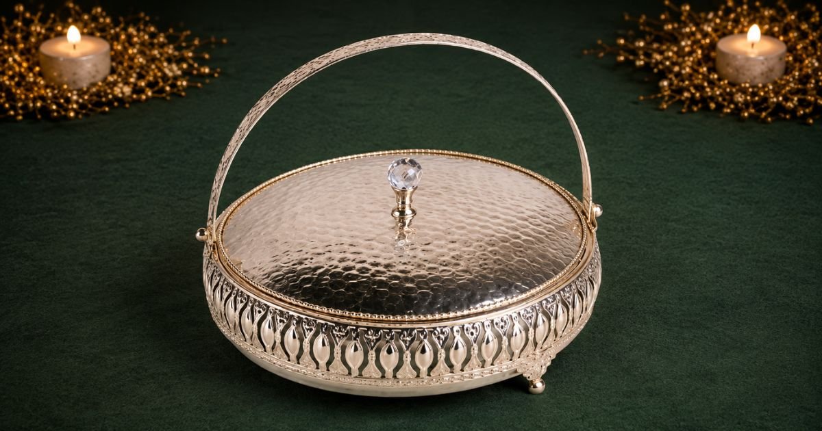 Hammered silver covered serving dish with a crystal knob, decorative pierced rim, on a green table with lit candles in the background.