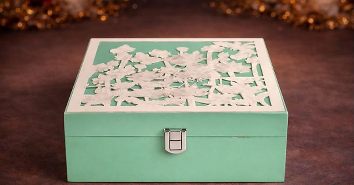 Mint-green gift box with a white intricate cut-out lid sitting on a dark surface. A metal clasp secures the front.