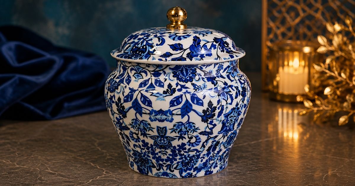 Blue and white porcelain jar with lid and gold knob on a marble surface, featuring an intricate floral pattern.