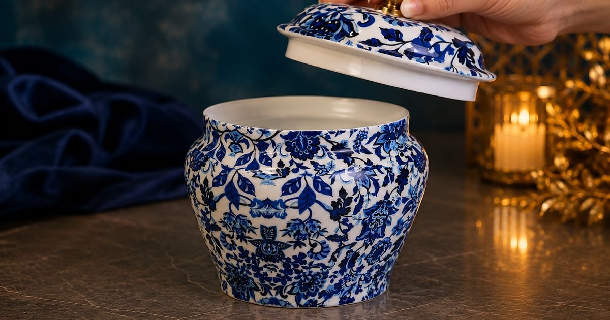 Blue and white porcelain vase with floral design, lid being lifted by a hand on a dark, reflective surface.