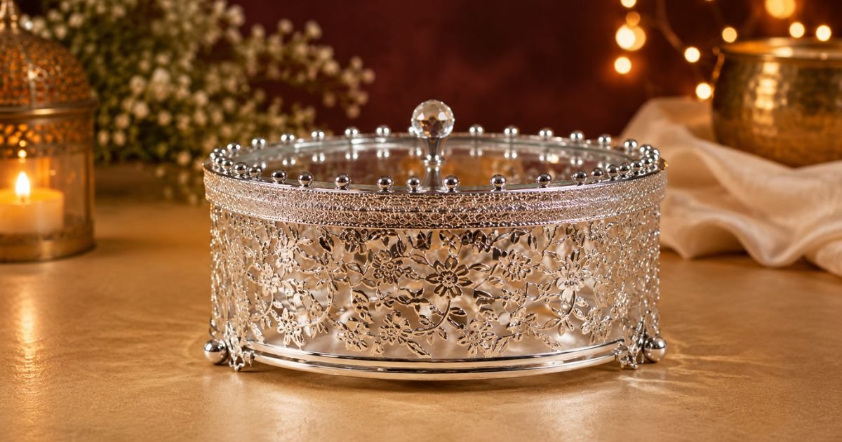 Ornate silver jewelry box with floral lattice and glass lid on a warm gold surface, candlelight in the background.