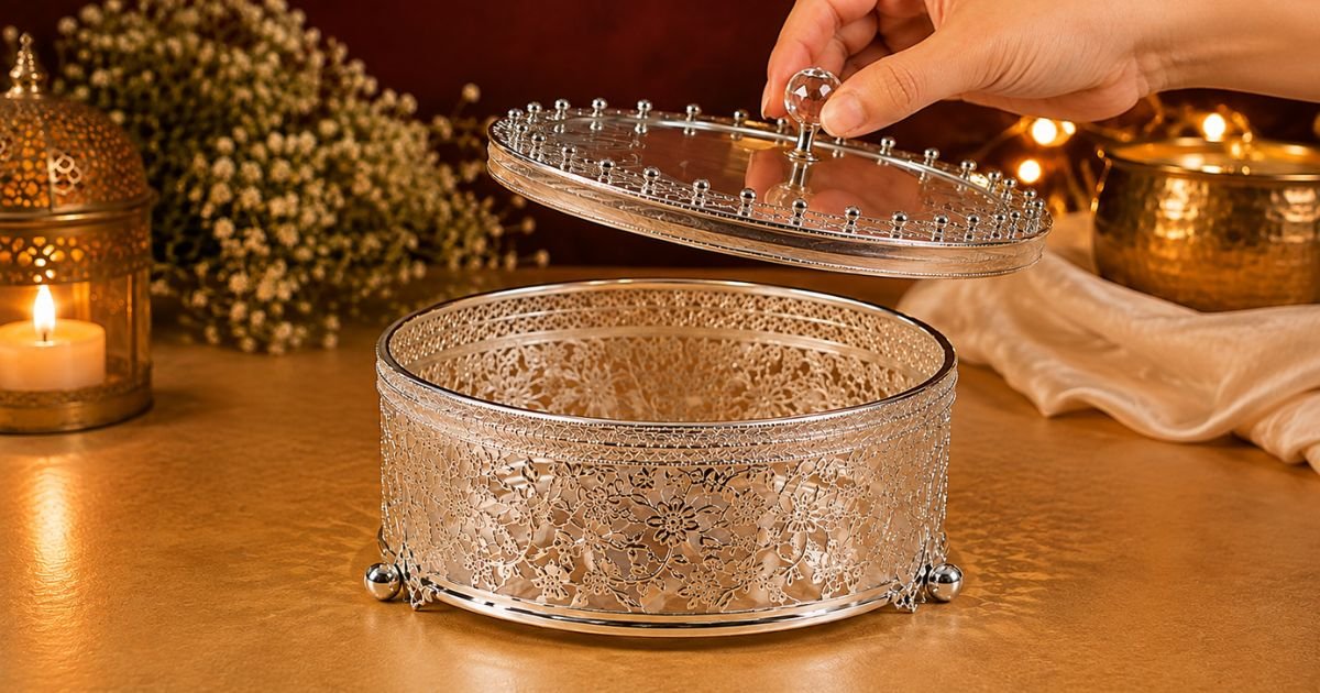 Ornate silver lace-patterned round trinket box with its lid being lifted by a hand.