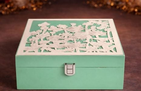 Mint-green gift box with a white intricate cut-out lid sitting on a dark surface. A metal clasp secures the front.